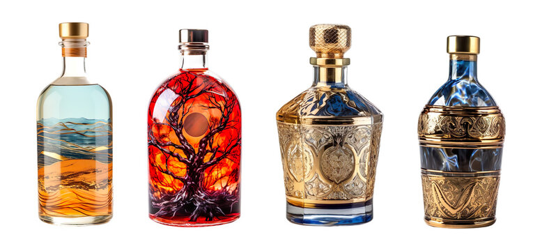 Set of four different Perfume, Attar bottles isolated on transparent background.