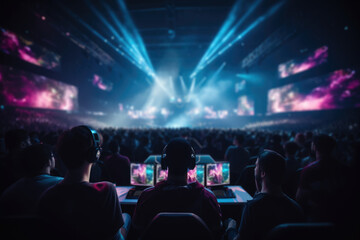 An esports arena packed with spectators watching the grand finals of a major tournament. Generative Ai.