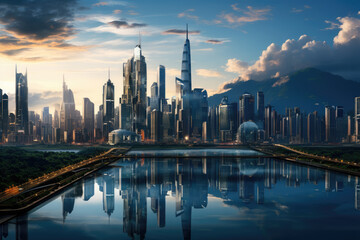 Naklejka premium A skyline view of an evolving city, showcasing the architectural transformations of urbanization. Generative Ai.