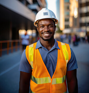 An African construction worker wearing uniform, in the city