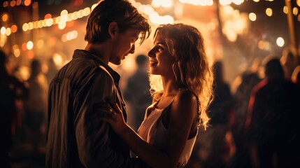 Beautiful young woman with couple having fun and sweet at music festival