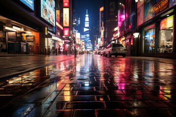 A bustling cityscape at night, lit up with neon lights and reflections on wet streets after rain....