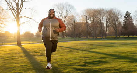 A larger Black man runs on grass, exuding confidence and determination as he pursues his fitness goals while embracing his weight. Ideal for themes of body positivity, fitness, and self-empowerment.