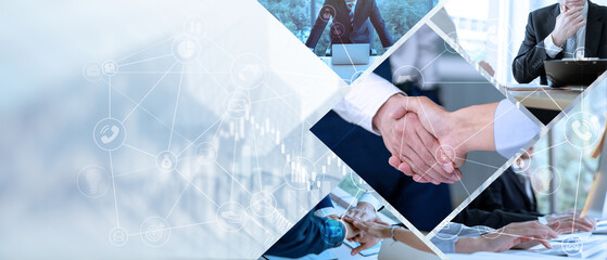 Financial background of businessman handshake in teamwork concept, HR recruitment and outsourcing technology.
