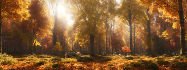 Fototapeta na wymiar Panoramic Sunny Forest in Autumn