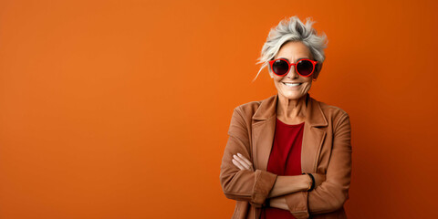 a beautiful old woman laughing on a plain red background, fashion - obrazy, fototapety, plakaty