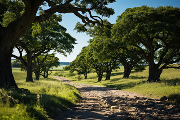 A serene country road lined with trees, leading towards a distant horizon. Generative AI.