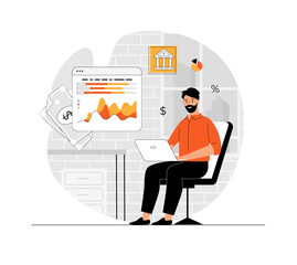 Virtual finance. Online banking and accounting analyzing. Online paying, financial transactions, accounting research. Illustration with people scene in flat design for website and mobile development.