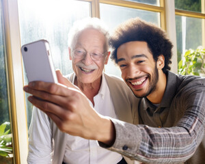 A white grandpa and a mixed-race man share a joyful moment taking a selfie together. Ideal for themes of multigenerational bonding, diversity, and modern connections.