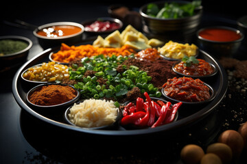 Fototapeta premium Exotic Flavors. Plate of traditional dishes from around the world, illustrating the diverse and global nature of culinary experiences. Generative Ai.