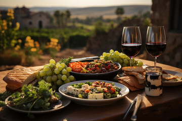 Wine and Dine. Glasses of wine and a gourmet meal set against a vineyard backdrop, capturing the pairing of food and wine. Generative Ai.