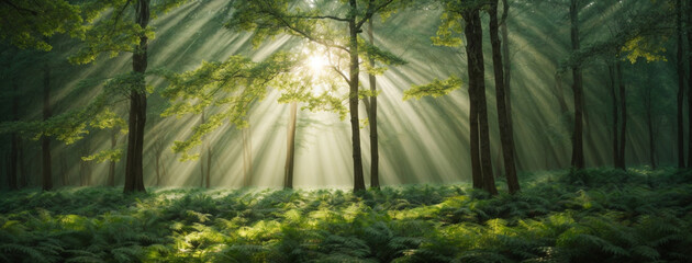 Beautiful rays of sunlight in a green forest