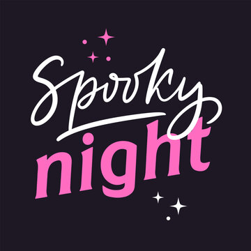 Naklejki Glamour Halloween banner with trendy calligraphy slogan of Spooky night. Idea for party, greeting card to 31th October. Y2k girly poster in style of 90s, 00s pink aesthetic.