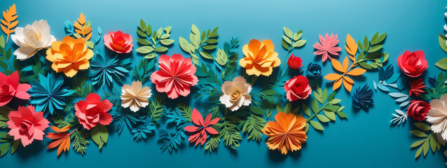 top view of colorful paper cut flowers with green leaves on blue background with copy space