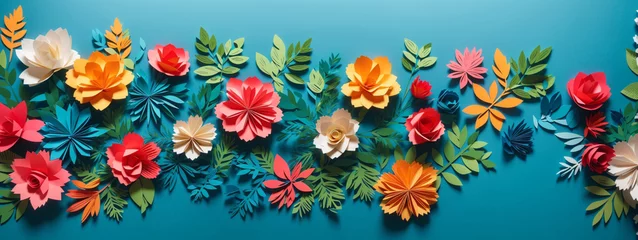  top view of colorful paper cut flowers with green leaves on blue background with copy space © @uniturehd