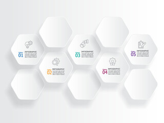 horizontal hexagon steps timeline infographic element report background with business line icon 5 steps