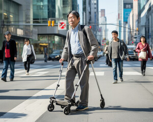 Obraz premium An elderly Japanese man with mobility issues confidently navigates the city using a mobility device. Ideal for themes of aging, accessibility, and urban resilience.