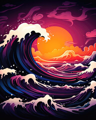 Vector illustration of a sunset in the sea with waves and sun