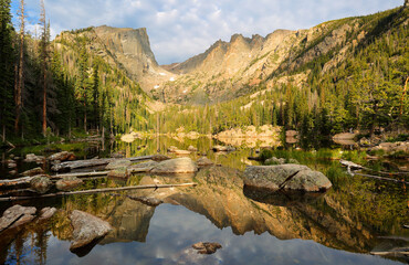 Sunrise at Dream Lake of Rocky Mountain National Park, Colorado. The lake is a high alpine lake at the base of Hallett Peak and access is via the Bear Lake trail head.