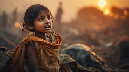 Portrait of indian baby girl crying tear on garbage dump