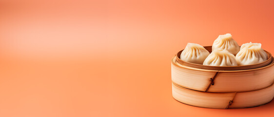 A close-up shot of a bamboo steamer filled with freshly steamed dumplings on a vibrant gradient background  - obrazy, fototapety, plakaty