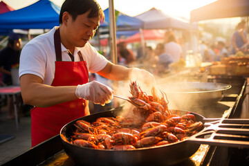 Chefs skillfully steam a variety of mouthwatering seafood dishes filling the air with tantalizing aromas at a lively seaside market 