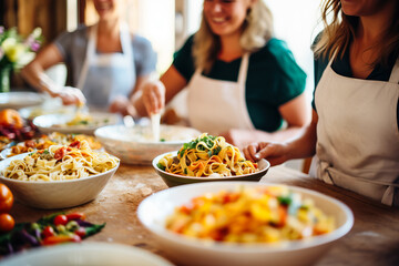 Twirling forks and smiling faces gather around a table adorned with colorful bowls of steaming homemade pasta 