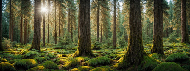 Healthy green trees in a forest of old spruce, fir and pine - 645443761