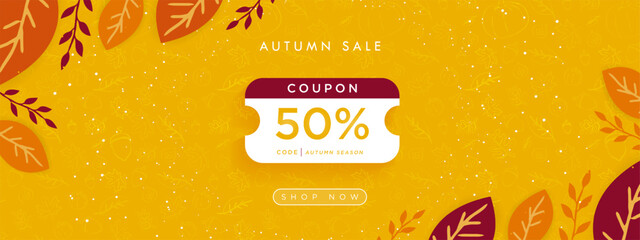 Autumn Sale Online Voucher Banner on orange fall-patterned background of doodled leaves, maple, pumpkin, acorns and a frame of leaves. 50% off coupon with code space and shop now button. Vector.