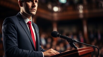 A politician speaks to an audience from the podium. Diplomatic speech, debate, demarche. Concept: Speechwriter, political activity and the will of voters. - obrazy, fototapety, plakaty