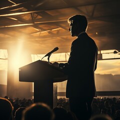 A politician speaks to an audience from the podium. Diplomatic speech, debate, demarche. Concept: Speechwriter, political activity and the will of voters.