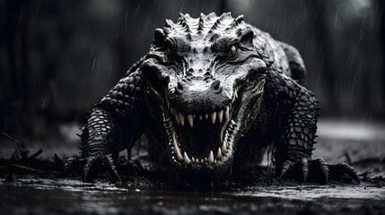 Fototapeta premium A large crocodile in the rain, staring boldly