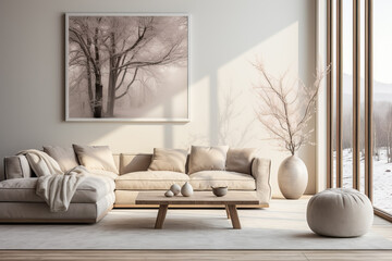 A serene monochromatic living room adorned with contemporary furniture minimalistic decor and soft natural light 