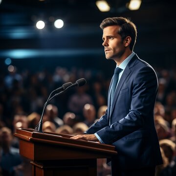 A politician speaks to an audience from the podium. Diplomatic speech, debate, demarche. Concept: Speechwriter, political activity and the will of voters.