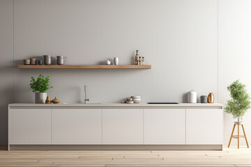 A sleek and innovative white kitchen with minimalistic design elements showcasing a background with empty space for text 