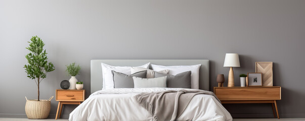 A sleek and monochromatic bedroom with minimalist furniture and clean lines background with empty space for text 