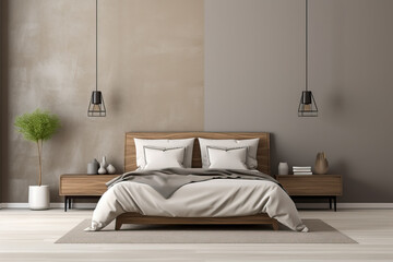 A sleek and monochromatic bedroom with minimalist furniture and clean lines background with empty space for text 