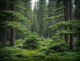 Healthy green trees in a forest of old spruce, fir and pine