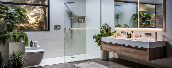 A sleek white bathroom with chrome fixtures features a floating vanity minimalist lighting and a transparent shower enclosure 