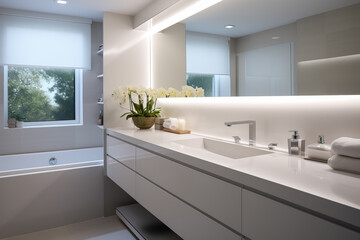 A sleek white bathroom with cutting-edge fixtures minimalistic design and a glimpse of the future 