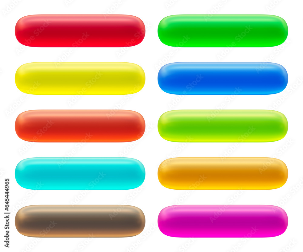 Poster set of round rectangle shape buttons in 3d rendering isolated on transparent background for text, in