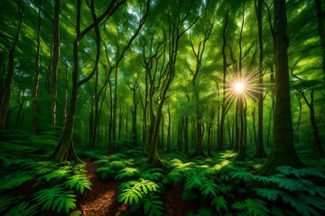 a forest with lish green trees and sunlight. AI Generative