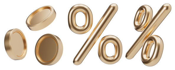 Golden percent signs and coins isolated on transparent background. 3D discount symbols set. Sale, special offer, good price, deal, shopping. Cut out elements, group. Sale off promotion. Percentage. 3D