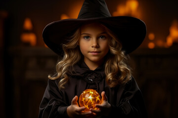 Child in the spooky costume of a witch isolated on a vivid background with a place for text 