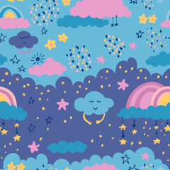 Cute hand drawn design for kids apparel and bedding. Celestial Whimsy pattern, a delightful fusion of elements that ignite the imagination, Sky, rainbow, stars. Seamless vector pattern