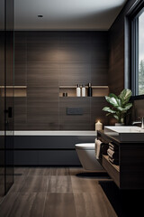Clean lines and sleek design define these minimalist bathroom interiors enhanced with futuristic elements for a sophisticated and modern feel 