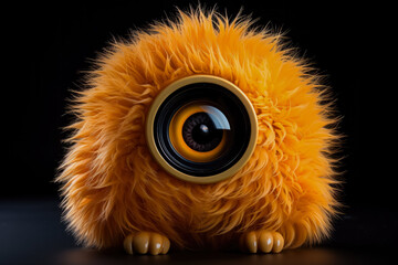 Cute orange monster with fur and camera lens isolated on black