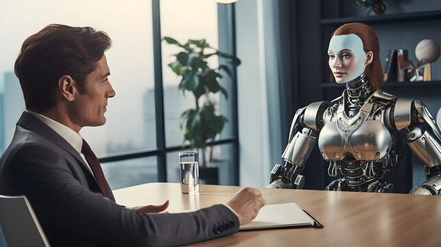 Job interview with futuristic AI robot in modern office, AI replace humans and taking our jobs in the future