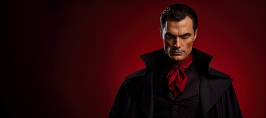 Obraz premium Man in the suave costume of a vampire isolated on a vivid background with a place for text 