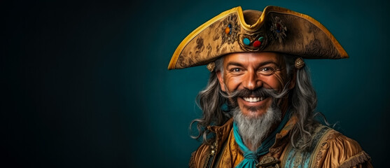 Man in the whimsical costume of a pirate isolated on a vivid background with a place for text 
